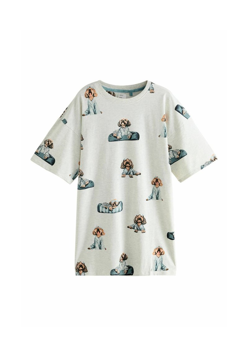 T-shirt di cotone grigio chiaro con stampa ripetuta di cani dei cartoni animati in pigiama. La maglietta ha una vestibilità comoda con maniche corte.
