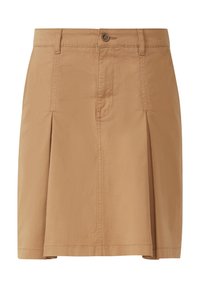 Beige knie-lange rok met voorplooien, riemlussen, knoopsluiting en zichtbare stiksels op een witte achtergrond.