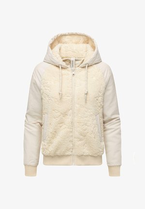 Kremowa hoodie z pluszowym, teksturowanym przodem i gładkimi rękawami. Posiada zamek z przodu, sznurki do regulacji kaptura oraz ściągacze przy mankietach i w dół.