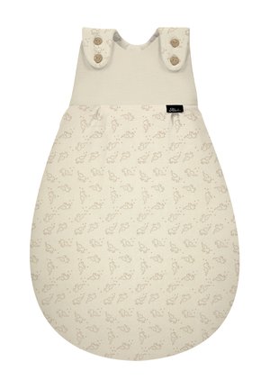 Beiger Babyschlafsack mit hellbraunem Tiermuster, runder Form, zwei Knopfverschlüssen an den Schultern und einem Markenlabel auf der Vorderseite.