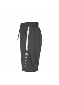 Schwarze Sportshorts mit einem Kordelzugbund, seitlichem weißen Streifen und drei runden Akzentdetails am linken Bein. Leichtes Material.