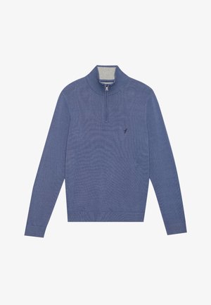 Suéter azul tricotado com gola alta e fecho de meio zíper. Apresenta punhos e barra com canelado, além de um pequeno logotipo no peito. Textura suave.