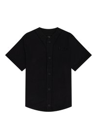 Chemise noire à manches courtes avec boutons, col rond, passepoil ton sur ton et logo "New Era" brodé sur la poitrine. Texture de tissu douce.