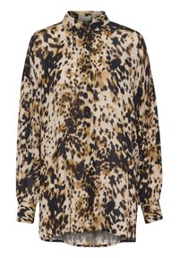 Animal print blouse in beige, black, and brown. Features a button-down front, collar, and long sleeves with cuff. Soft, textured fabric.
