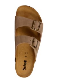 Sandalo beige con le dita scoperte, dotato di due fasce regolabili e fibbie dorate. Suola morbida con finitura testurizzata. Nome del marchio "Scholl" stampato all'interno.