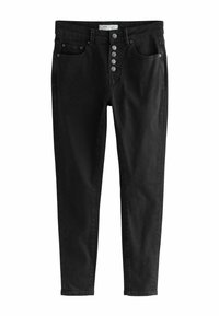 Čierne slim džínsy vyrobené z denimu, s pätkou na päť gombíkov, prednou kapsou a priliehavým strihom. Hladká textura s minimálnymi detailmi.