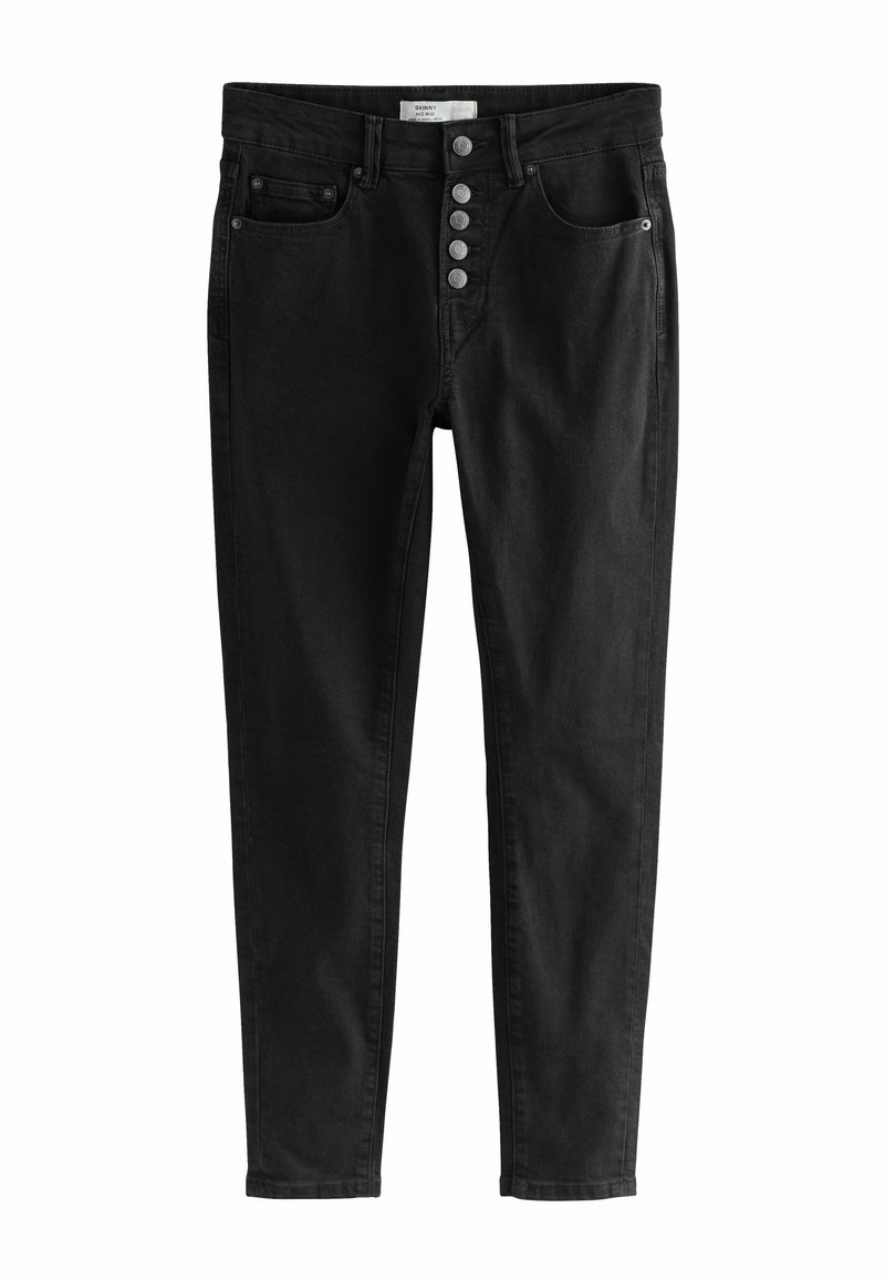Vaqueros skinny negros de denim, con cierre de cinco botones, bolsillo delantero y un diseño ajustado. Textura suave con detalles mínimos.