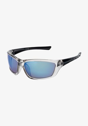Sunglasses with a clear plastic frame and black arms, featuring blue-gradient mirrored lenses and angular design for an athletic style.