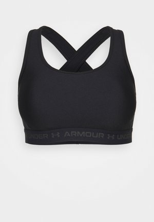 Crna sportska majica s glatkom teksturom, sa prekrivenim trakama na leđima i debelim pojasom s "UNDER ARMOUR" brandiranjem.