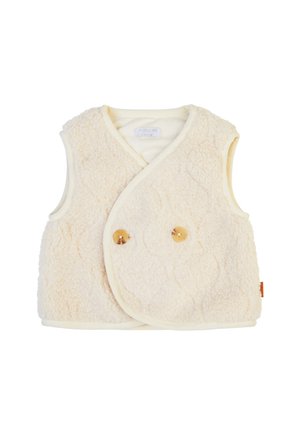 Crème-kleurige vest gemaakt van gestructureerde fleece, met een wikkeldesign en twee houten knopen, en een zachte beige rand. Zonder mouwen.