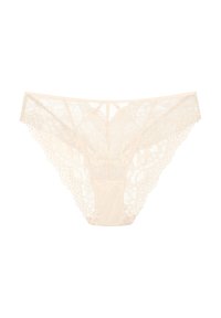 Spitzen-Tanga in sanftem Beige, mit floralen Mustern und gewelltem Rand, versehen mit einem zarten Trägerdesign an der Taille.