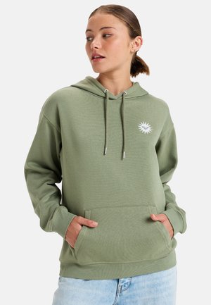 Green hoodie made of soft fabric, featuring a front pocket, a drawstring hood, and a white sun graphic on the chest.