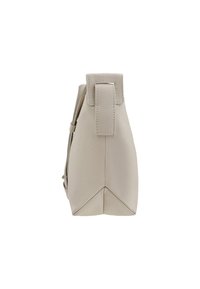 Borsa in pelle beige con un design strutturato, caratterizzata da una base piatta, lati angolari e un piccolo manico sulla parte superiore. Texture liscia.
