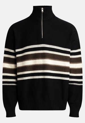 Maglione nero con colletto alto e mezza zip. Presenta strisce orizzontali in beige, marrone e bianco. Tessuto a maglia con polsini a coste.