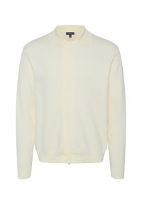 Cardigan tricotat de culoare galben deschis, cu mâneci lungi și guler. Dispune de un fermoar complet pe față și tivuri și manșete ribbate.