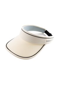 Biała czapka z daszkiem z szerokim, zakrzywionym daszkiem, czarnym wykończeniem i teksturowaną powierzchnią. Regulowane zapięcie z wentylacyjnymi otworami z tyłu. Wnętrze ma jasnoniebieską podszewkę.