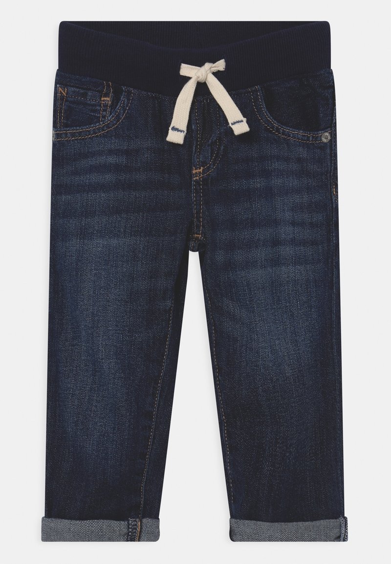Jean bleu foncé pour tout-petit avec taille élastique, cordon blanc, poches avant et revers pliés.