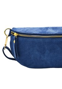 Sac en daim bleu au toucher lisse, avec une fermeture éclair dorée et des accents. Il présente une forme arrondie avec une courte sangle pour le porter.