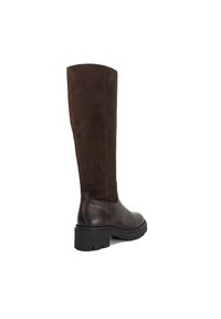 Tall, dark brown boot with smooth leather foot and suede shaft, chunky black sole, and low block heel, shown from rear side view.