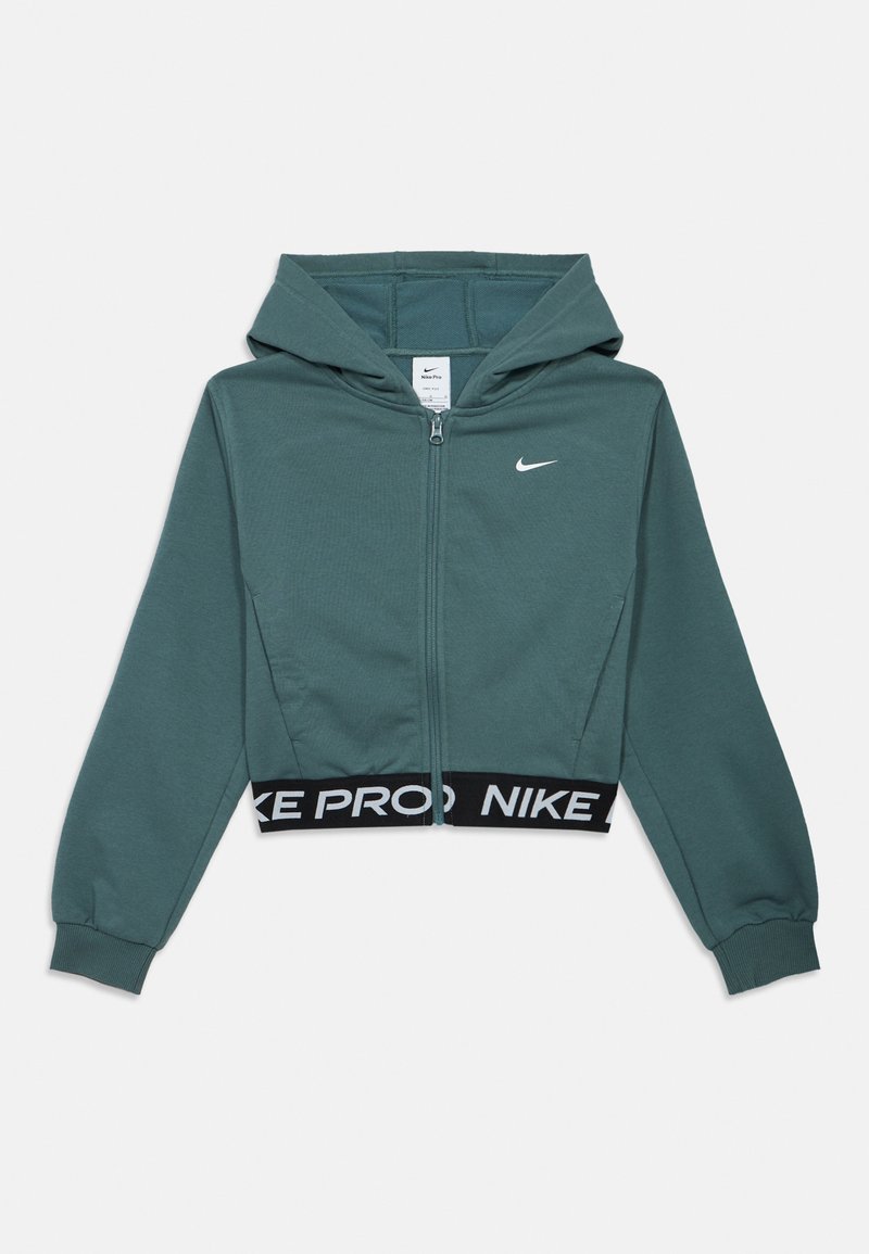 Krajši pulover z zadrgo v barvi teal, z kapuco, črnim rebrastim pasom z napisom "NIKE PRO" in majhnim belim Nike logotipom na prsih.