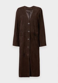 Μακρύ παλτό από καφέ σουέντ με γιακά με εγκοπές, έξι κουμπιά, δύο μπροστινές τσέπες και λείο εσωτερικό φόδρα.
