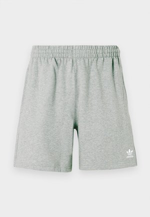 Shorts gris en mélange de coton avec une ceinture élastique, dotés de poches latérales et d'un petit logo Adidas blanc en bas à gauche.