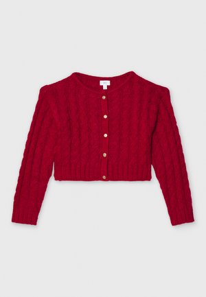 Roter gestrickter Cardigan mit einem verkürzten Design, langen Ärmeln, einem runden Halsauschnitt und goldfarbenen Knöpfen in der Mitte. Strukturiertes Kabelmuster.