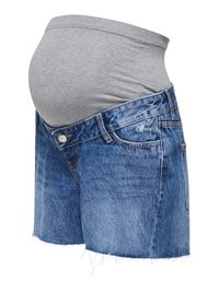 Shorts en denim de maternité avec une taille élastique grise conçue pour s'adapter sur un ventre de femme enceinte, vue de face et de côté.