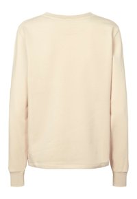 Garām piedurknēm džemperis gaiši krēmā krāsā. Tam ir apaļa apkakle, ribota aproce un gluda, mīksta tekstūra. Attēlots no aizmugures.