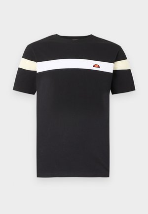 Zwart T-shirt met korte mouwen, een witte horizontale streep over de borst en lichtbeige banden op de mouwen, voorzien van een klein logo op de borst.