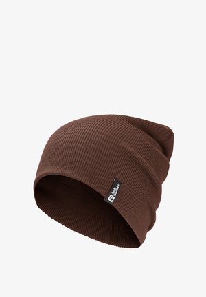 Brown knitted beanie with a ribbed texture, slightly slouchy design, and a tag featuring a logo on the side.