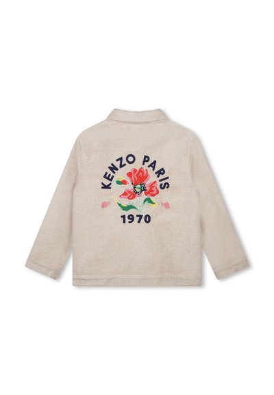 Veste en velours côtelé beige ornée d'un motif floral avec "KENZO PARIS" et "1970" brodés en bleu et rouge au dos. Manches longues.