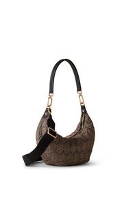 Brown and black patterned handbag with a curved shape, gold hardware accents, and a detachable black fabric strap. Textured material finish.