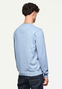 Uomo con un maglione a maniche lunghe azzurro chiaro e jeans blu scuro, visto da dietro su uno sfondo chiaro e semplice.