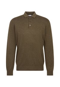 Polo a maniche lunghe in verde oliva scuro, in tessuto lavorato a maglia, con patta a tre bottoni, polsini e orlo a coste, texture liscia, design casual.