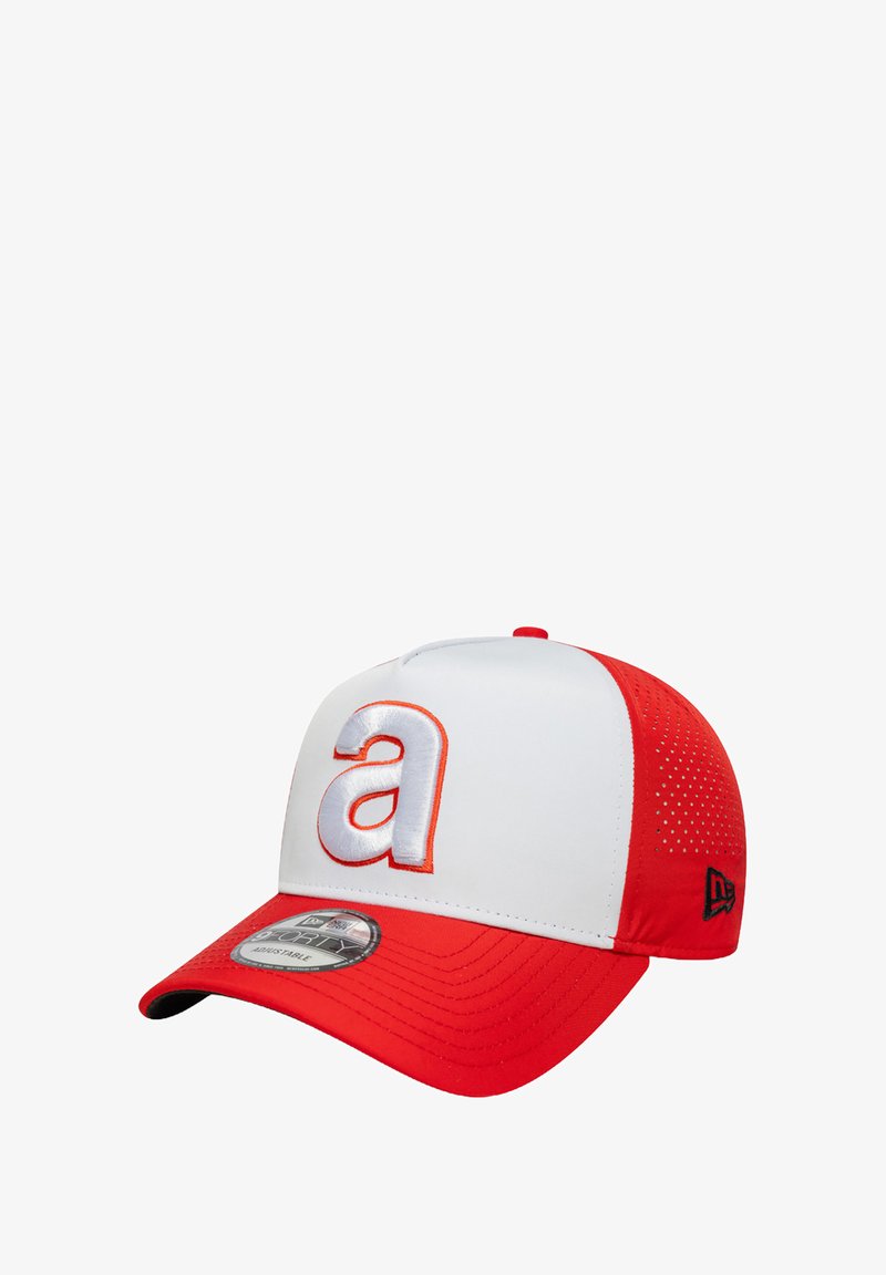 Red and white cap with a curved brim, featuring a large embroidered letter "a" in white and red accents, made from textured fabric.