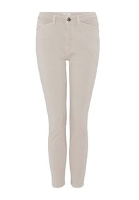 Jean skinny beige clair en tissu mélangé coton. Il présente une fermeture classique à glissière et bouton, des poches avant, et des détails de coutures subtiles.