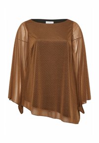 Blusa trasparente marrone con pois neri, maniche ampie e scollatura rotonda. Il tessuto leggero conferisce una texture fluida.
