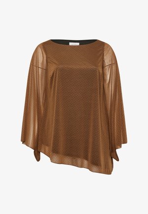 Blusa trasparente marrone con pois neri, maniche ampie e scollatura rotonda. Il tessuto leggero conferisce una texture fluida.