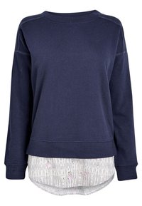 Granatowa bluza z długim rękawem, z okrągłym dekoltem, ściągaczami na mankietach i warstwowym wyglądem na wzorzystej, jasnej spodniej warstwie. Materiał mieszanka bawełny.