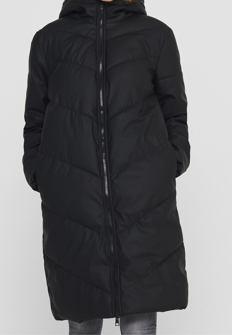 Black padded coat with a hood, featuring a zip front closure and diamond quilted pattern, made from smooth, water-resistant fabric.