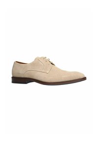 Beige Wildleder-Halbschuh mit strukturiertem Finish, Schnürdesign, runder Spitze und Holzabsatzakzent. Verfügt über eine kontrastierende Sohlenkante.