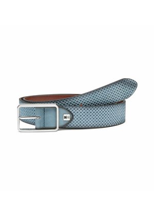 Leather belt in light blue with a geometric texture, featuring a silver metal buckle and a darker brown leather lining.