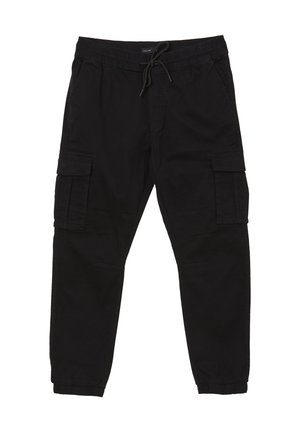 Schwarze Cargo-Hosen mit elastischem Bund und Knöchelabschlüssen, Kordelzugverschluss, seitlichen Klappentaschen und vorderen Eingrifftaschen.