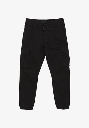 Pantaloni cargo neri con vita elastica e polsini alle caviglie, chiusura con cordino, tasche laterali con pattina e tasche frontali per le mani.