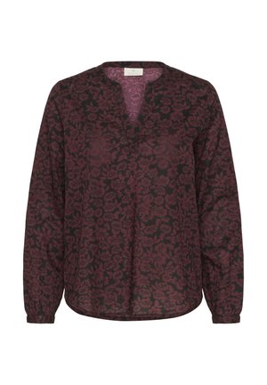 Long-sleeve blouse in burgundy with a floral pattern. Features a V-neckline and relaxed fit. Made from lightweight fabric with a smooth texture.