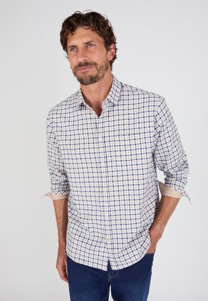 Man met kort krullend haar en baard, gekleed in een beige en blauw geruit overhemd met opgerolde mouwen en donkere blauwe spijkerbroek, staand met één hand in de broekzak.