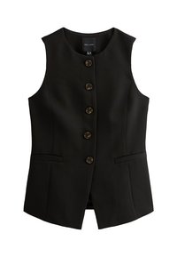 Svart ärmlös väst med en åtsittande design. Har fem bruna knappar och två framfickor. Tillverkad av ett mjukt tyg.