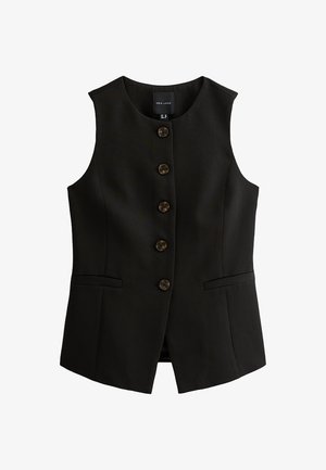 Gilet nero senza maniche con un design aderente. Presenta cinque bottoni marroni e due tasche frontali. Realizzato in un tessuto liscio.