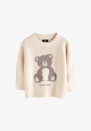 Cremefarbener gestrickter Kinderpullover mit sitzendem braunem Teddybär und dem Schriftzug „bear hugs“ auf der Vorderseite.